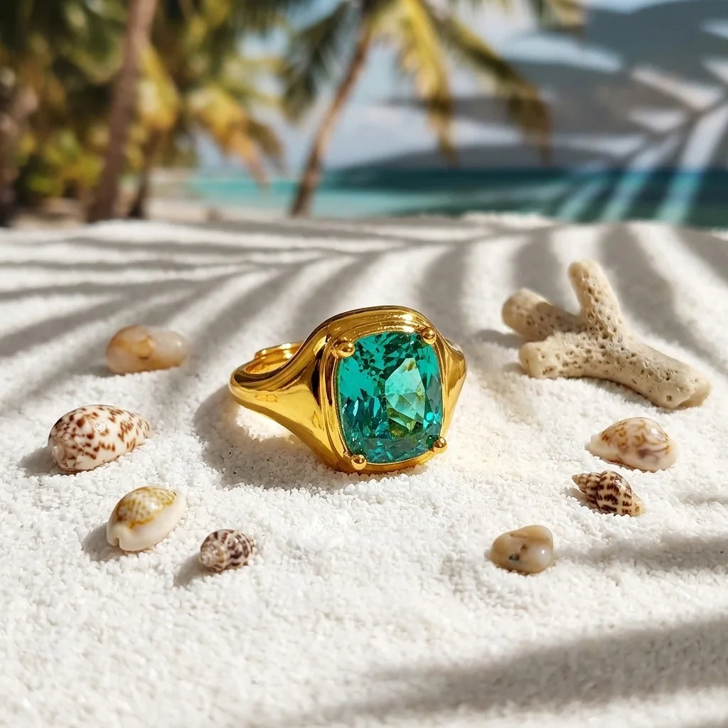 Paraiba Blue Cushion Cut Ring 18K Gold Plated Crushed Ice Zircon Open Adjustable Rings Dopamine Jewelry