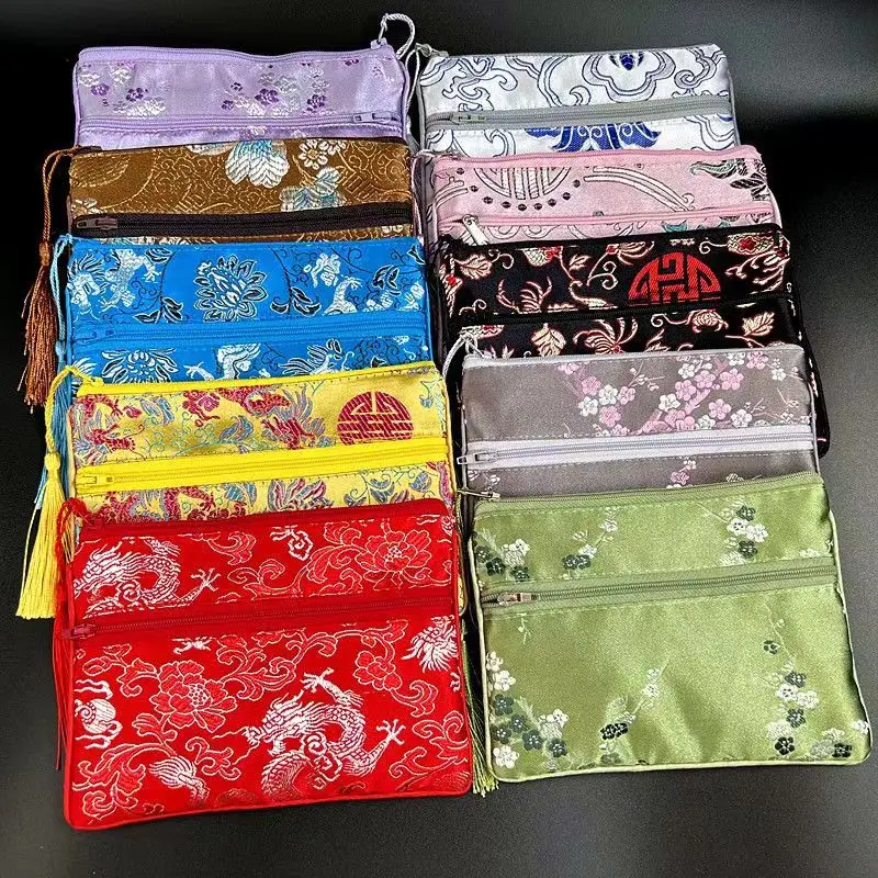 

50Pcs Multi-use Double Zipper Purses Storage Bags Tassel Chinese Silk Brocade Makeup Cell Phone Jewelry Pouches Customized