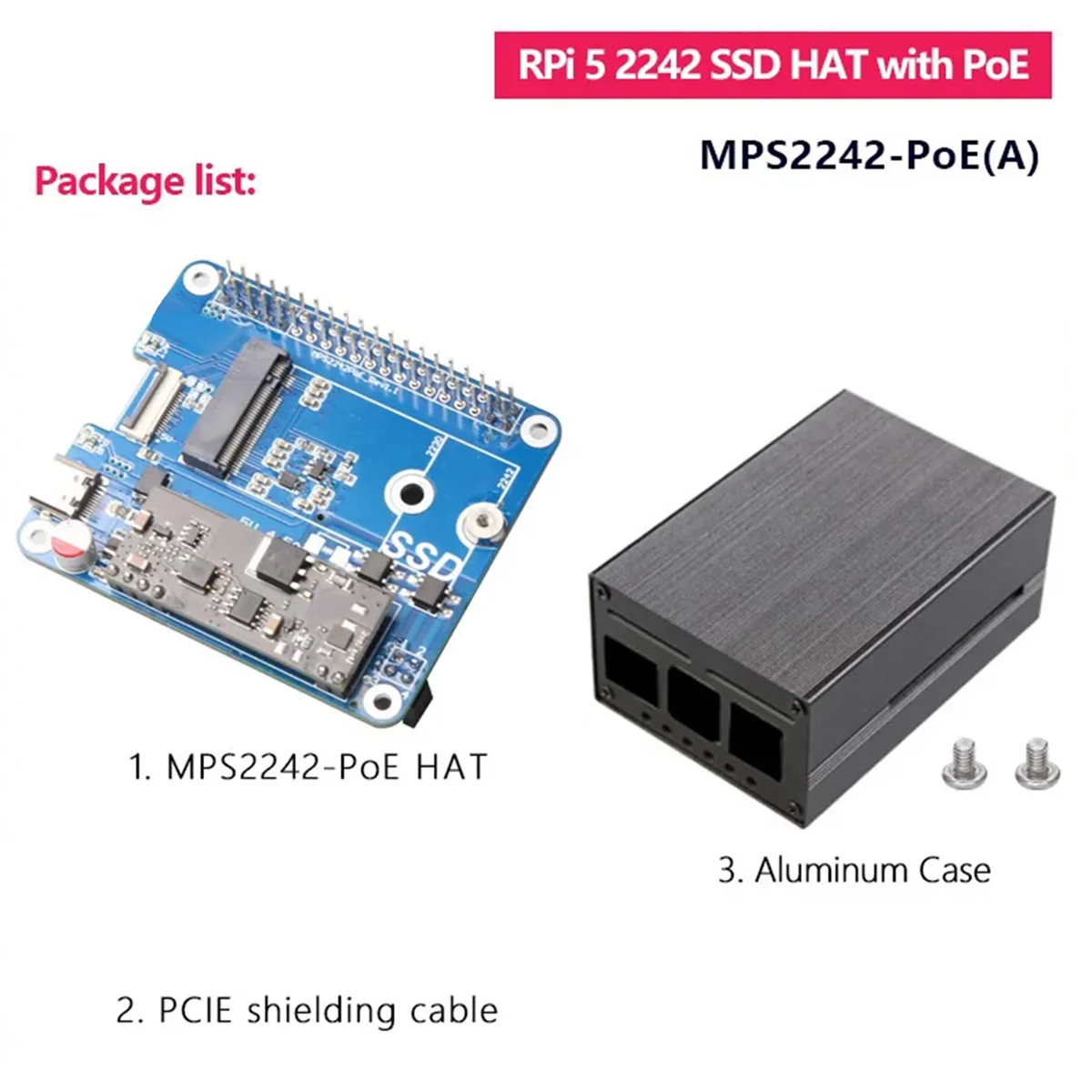 MPS2242-POE A+Case for Raspberry Pi 5 PCIE to NVME SSD 2242 HAT with POE Power 5V 4.5A Support 2242/2230 for RPi5