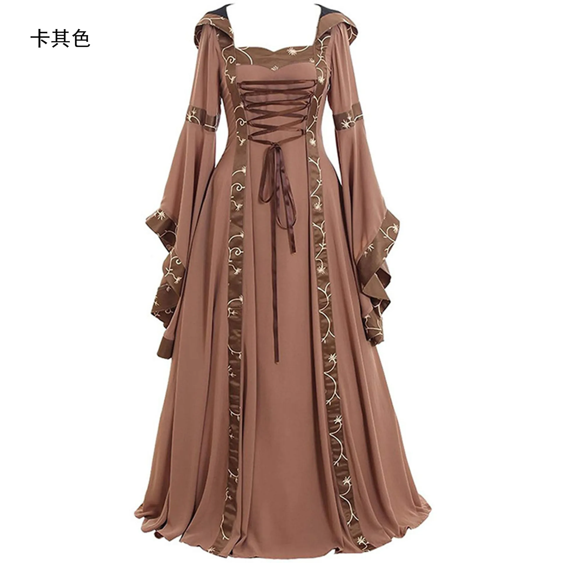 Abito da donna vintage retrò con lacci a maniche lunghe fino al pavimento abito medievale costume di Halloween per abbigliamento da donna da festa