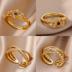 Blue Zircon Crown Rings For Women Stainless Steel Gold Color Adjustable Crown Ring 2026 Trend Design Female Wedding Jewerly Gift