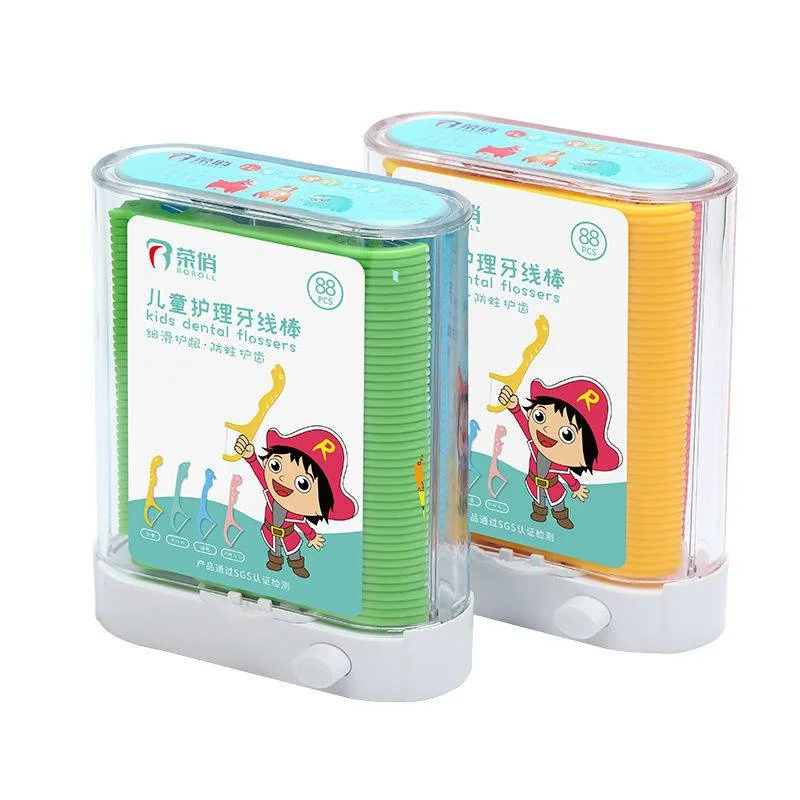 Kids Dental Floss Picks Automatic Dispenser 88 Count Cute Fun Colorful Animal Shaped Toothpicks Children Tooth Clean Oral Care