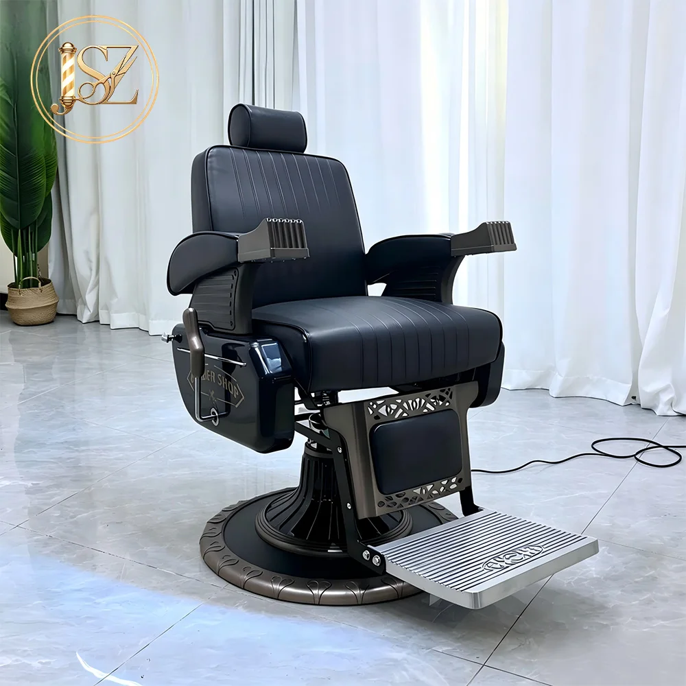 Commercial Retro Barber Chair Polished Black Frame Hydraulic Lift Rotatable