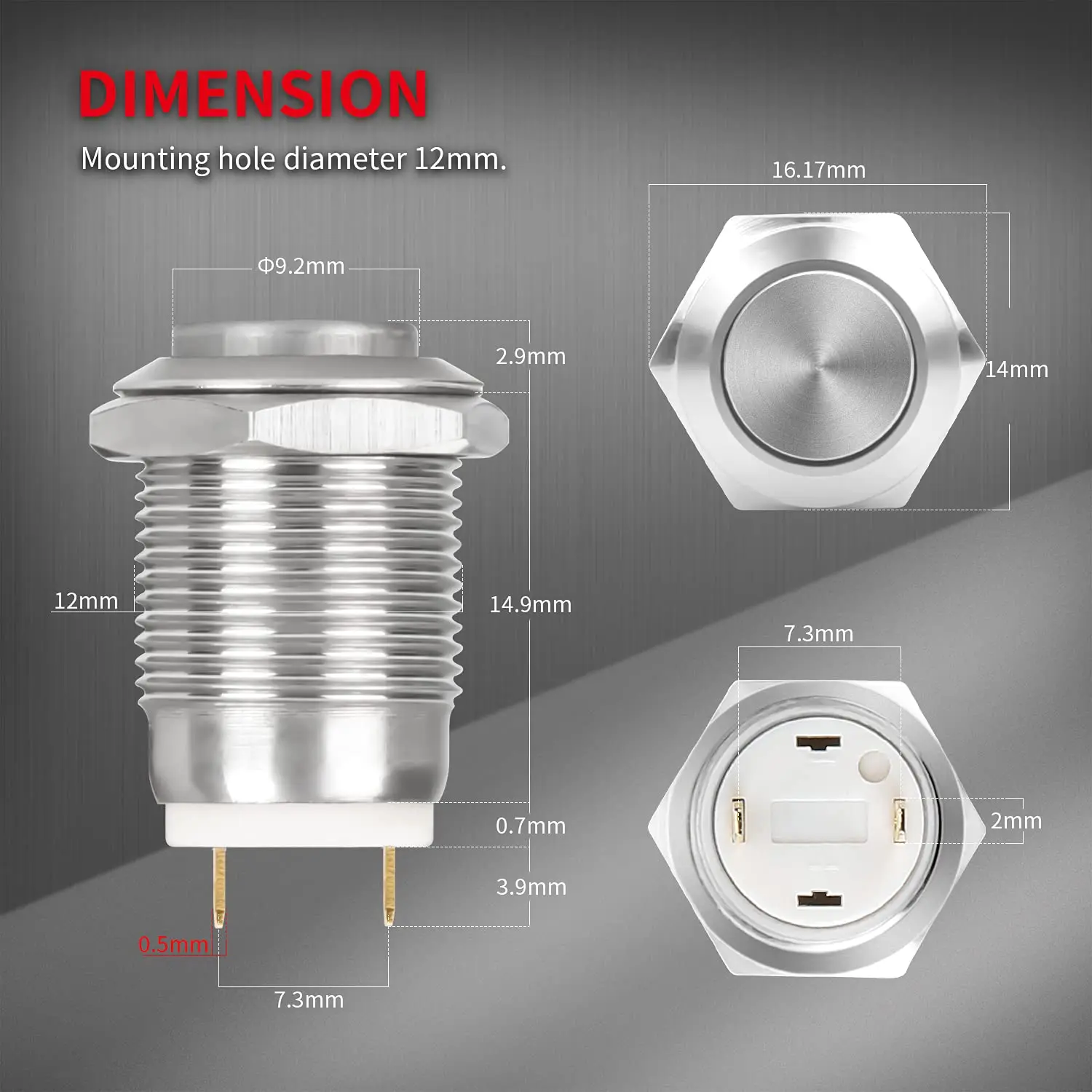 DaierTek 6PCS 12mm Momentary Push Button Switch 12V Waterproof Power Pushbutton Small Round Chrome Stainless Metal 2pin N/O