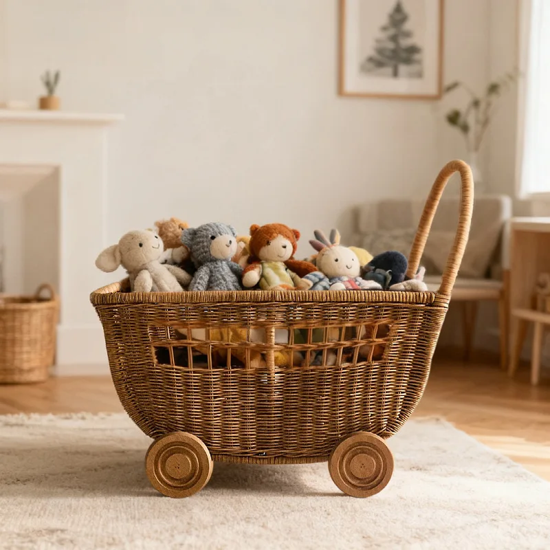 Baby Walker Rattan Push Cart Children's Pretend Play Toy First Birthday Gift Photography Pull Cart Prop