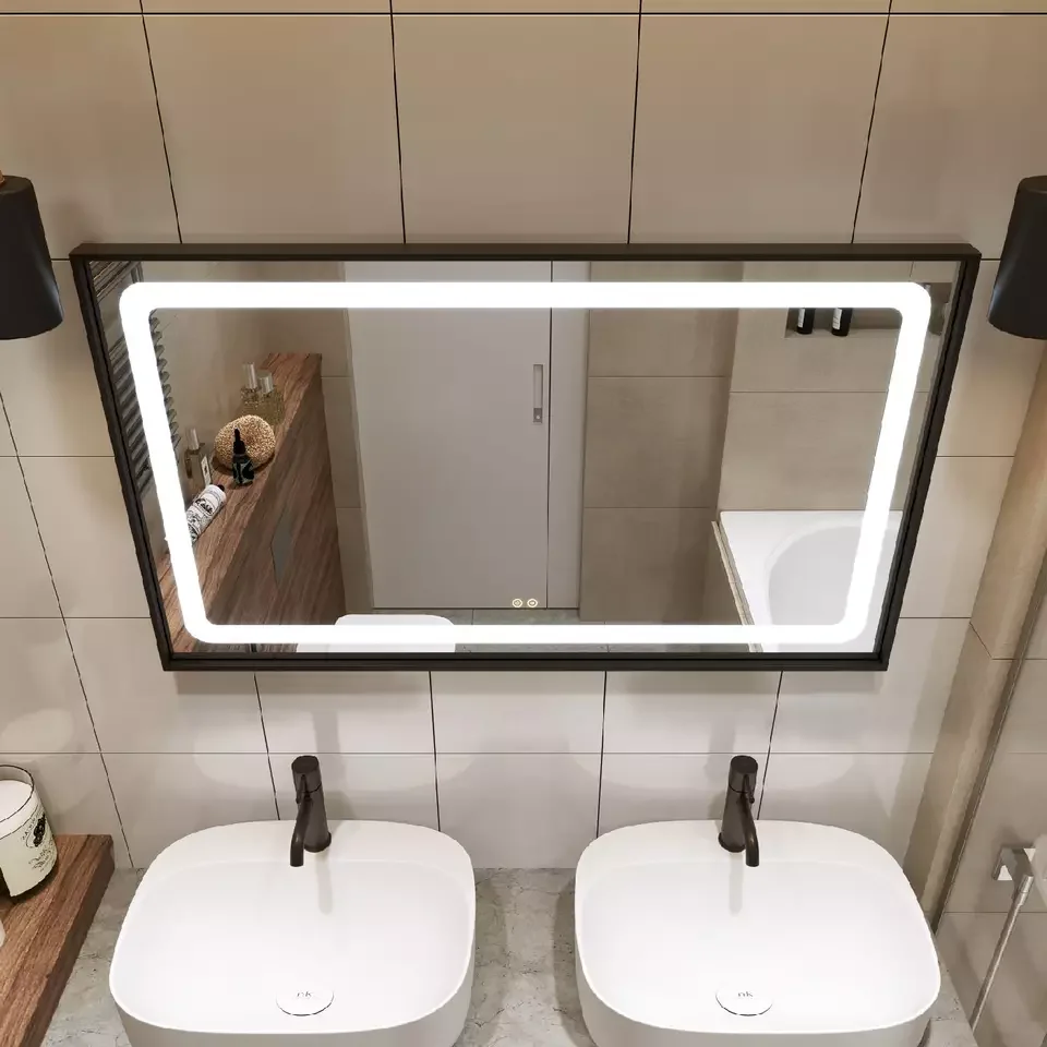 Waterproof LED Smart Bathroom Mirror Custom Aluminum Frame Vanity