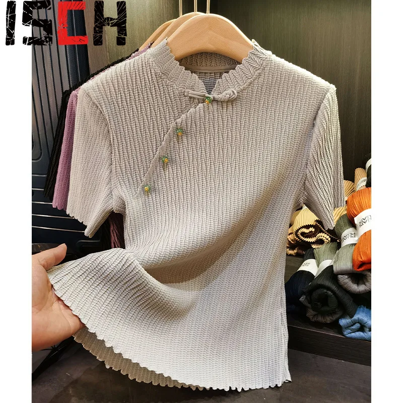 

Pleats Pleated T-shirt Senior Sense Disk Buckle Stand-up Collar Short Sleeve Pleated T-shirt Female Summer New Hundred Thin Tops