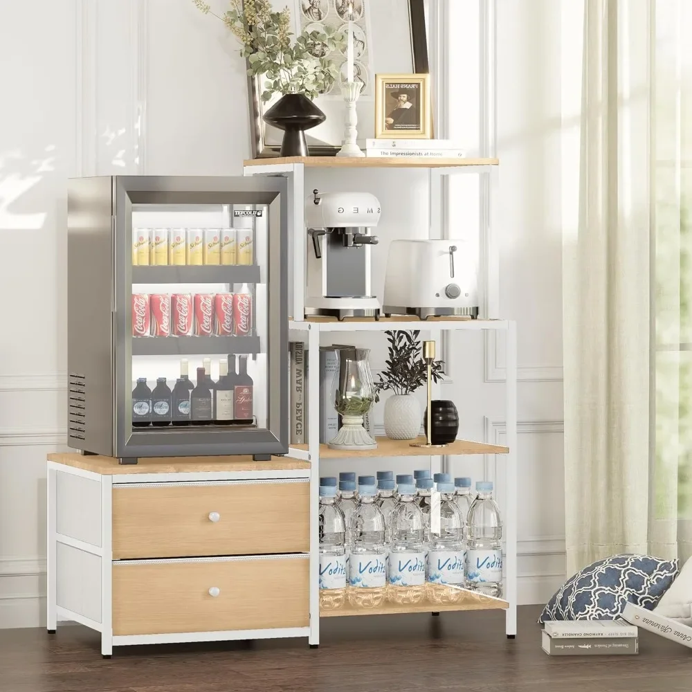 Mini Fridge Stand with Storage, Outlet, Coffee Bar, Microwave Stand for Dorm Office Kitchen, Oak