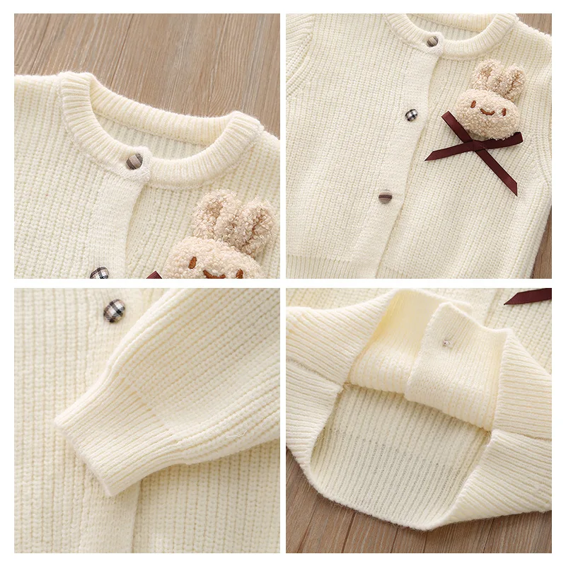 2024 Autumn Winter Babys Girl Two-piece Clothes Set 3D Rabbit Knitted Sweater Cardigan Outfits Fleece Plaid Skirt Kid Girl Suits