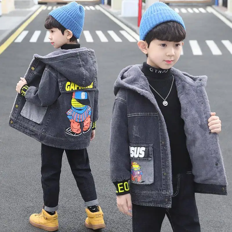 

Boys Winter Fce Lined Denim Jaet Cartoon Hooded Lamb Velvet Jeans Jaet Faionable Youth Cotton Polyester Blend
