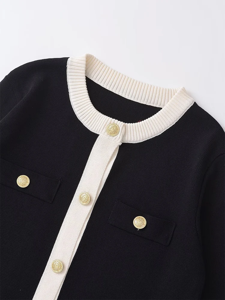 ملابس نسائية للتجارة الخارجية على الطراز الأوروبي والأمريكي، موضة جديدة، رقبة دائرية وأكمام طويلة، جاك محبوك بزر ذهبي #2