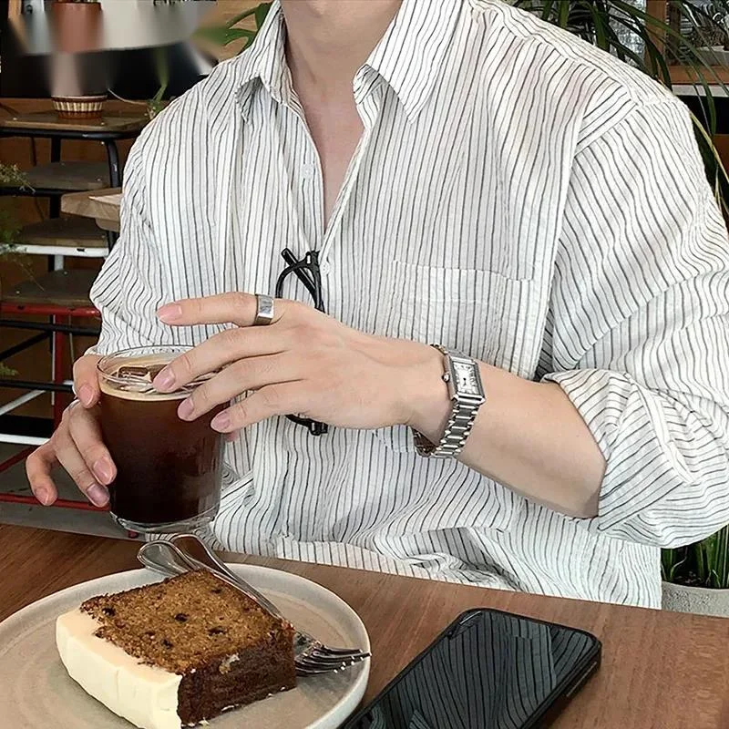 Striped Vintage Men's Shirt Vertical Stripe Pattern Long Sleeve Button Down Chest Pocket Casual Premium Blouse 6QZ8
