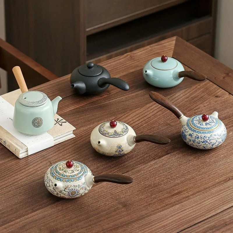 Yellow Ru Kiln Colorful Interlocking Lotus Tea Set One Pot Four Cups Ceramic Side Handle Heat Resistant  Personal Teapot
