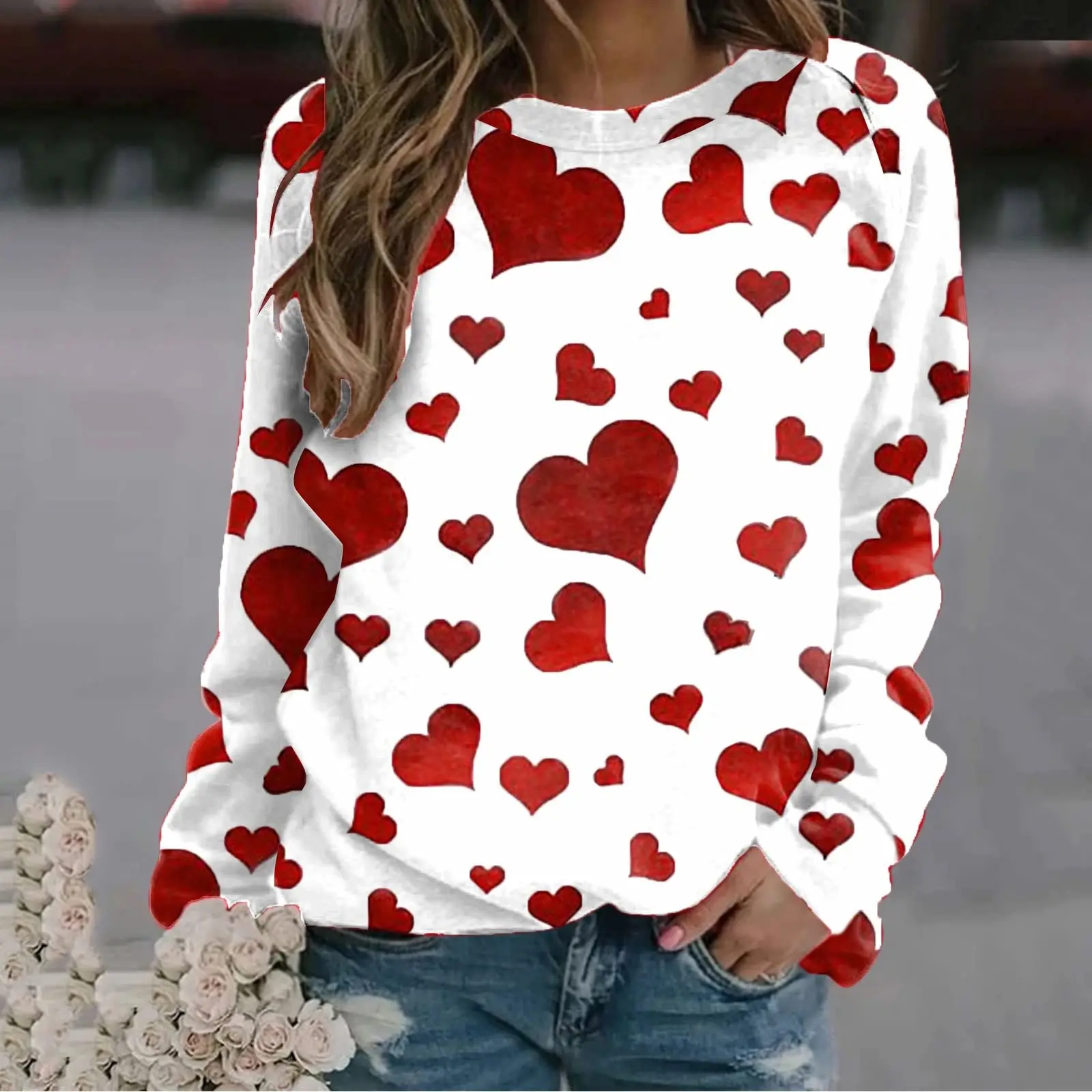 New Women\'s Casual Sweatshirt 3D Love Print Long Sleeve Round Neck Loose Autumn Pullover Fashion Versatile Women\'s Hoodie