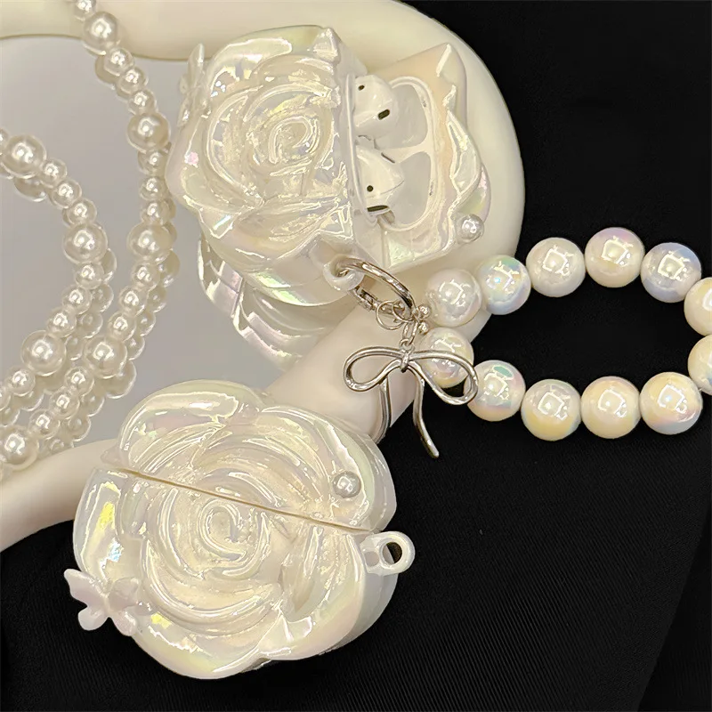 

For Airpods Pro 3 2025 Pro 2 1 2 3 4 Laser White Camellia Flower Earphones Cover Silicones Case Protective Sleeve Headset Box
