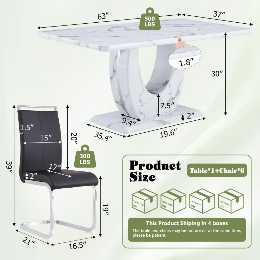 Juegos de mesa de comedor modernos, juego de mesas de comedor de mármol sintético blanco para 6, juego de sillas de mesa de cocina rectangulares