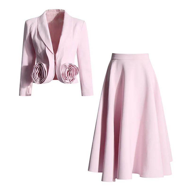 2024 Spring New V-neck Stitching Three-Dimensional Rose Short Suit Coat and Pleated High Waist Skirt Two-Piece Set for Women