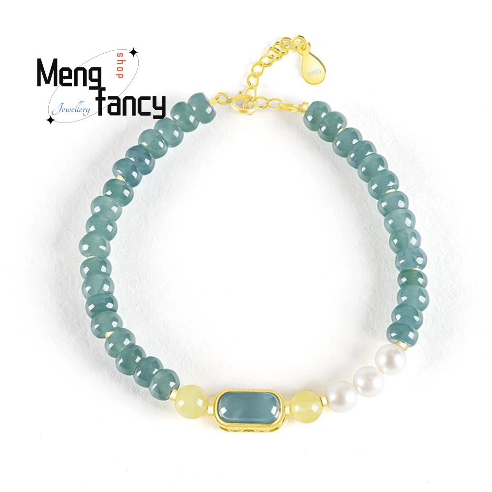 

Natural A-goods Jadeite Blue Water Abacus Beads S925 Silver Inlaid Bracelet Ice Jade Women's Luxury Fashion High-grade Ornaments