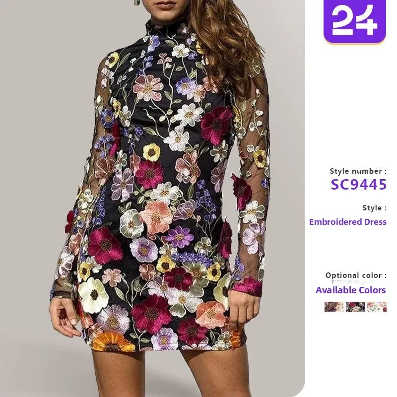 Jupe sexy en filet de dentelle brodée Dr taille haute corps ajusté a 2025 Direct Ss t-shirt transfrontalier-dimensionnel F...