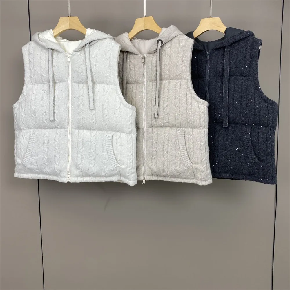 Women's Cashmere Hooded Knitted Sleeveless Waistcoat White Goose Down Casual Vest Autumn Winter New