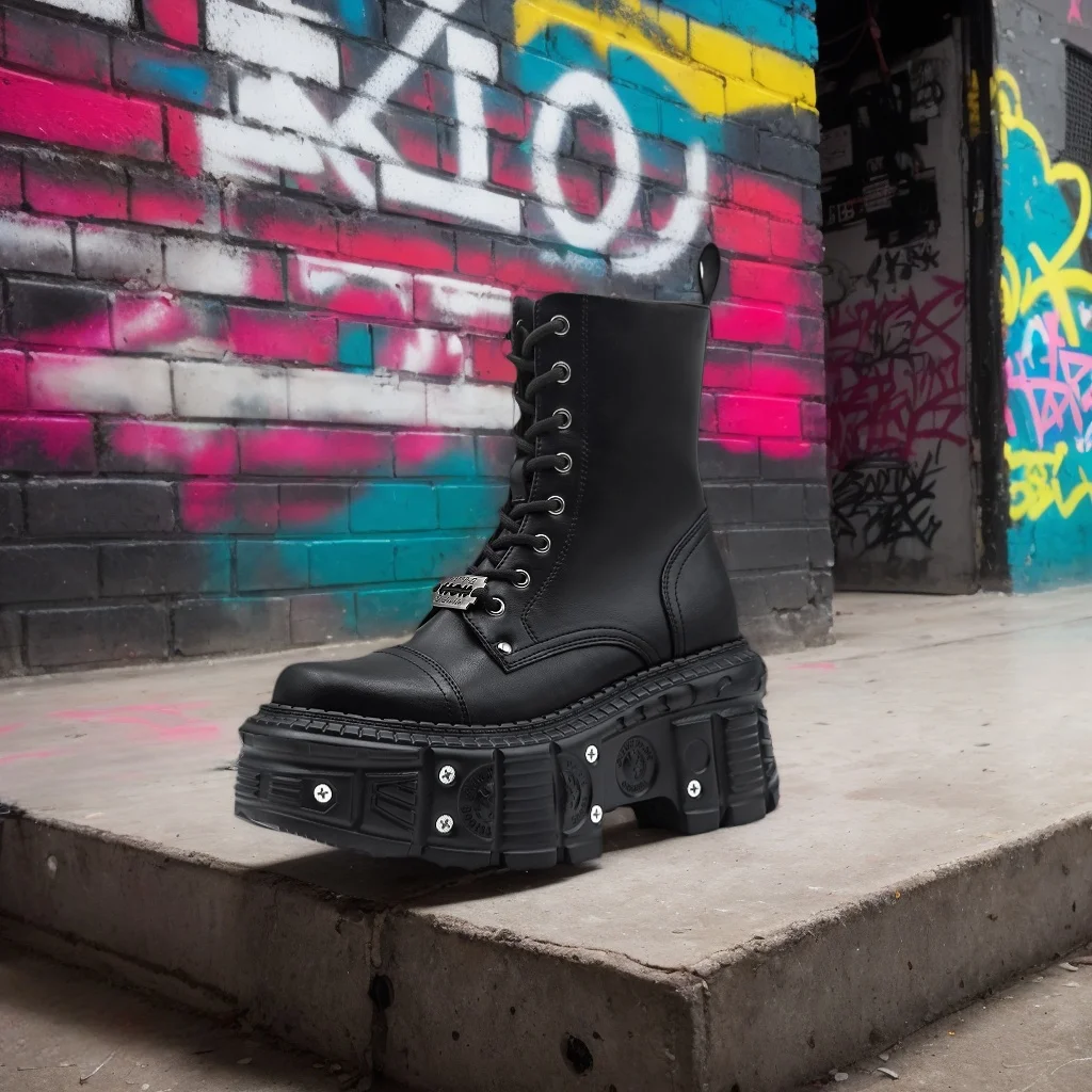 

2025 New Punk Women Platform Ankle Boots Female's Rock Round Toe Lace Up Fashion Retro Chunky Shoes Metal Decor Short Boots