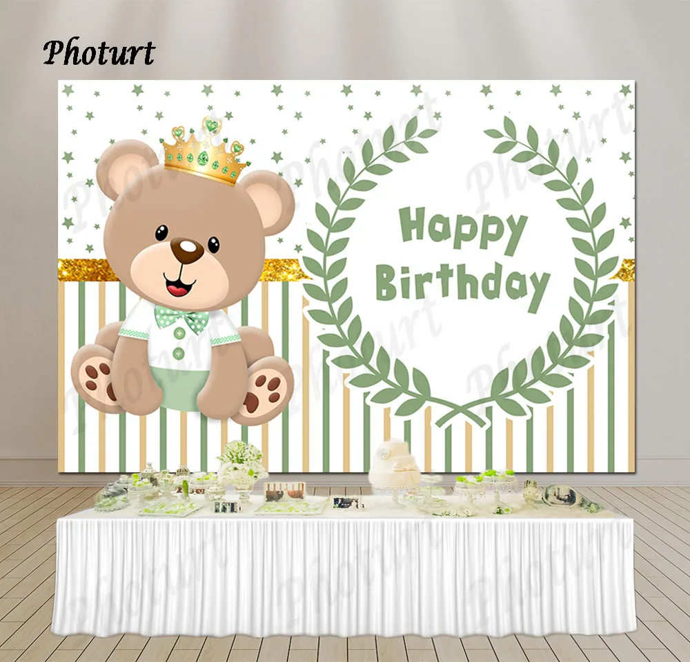 PHOTURT Cute Bear Toy Backdrop Birthday Party Baby Shower Photo Background Pink Crown Doll Decor Banner Poster Photobooth Props