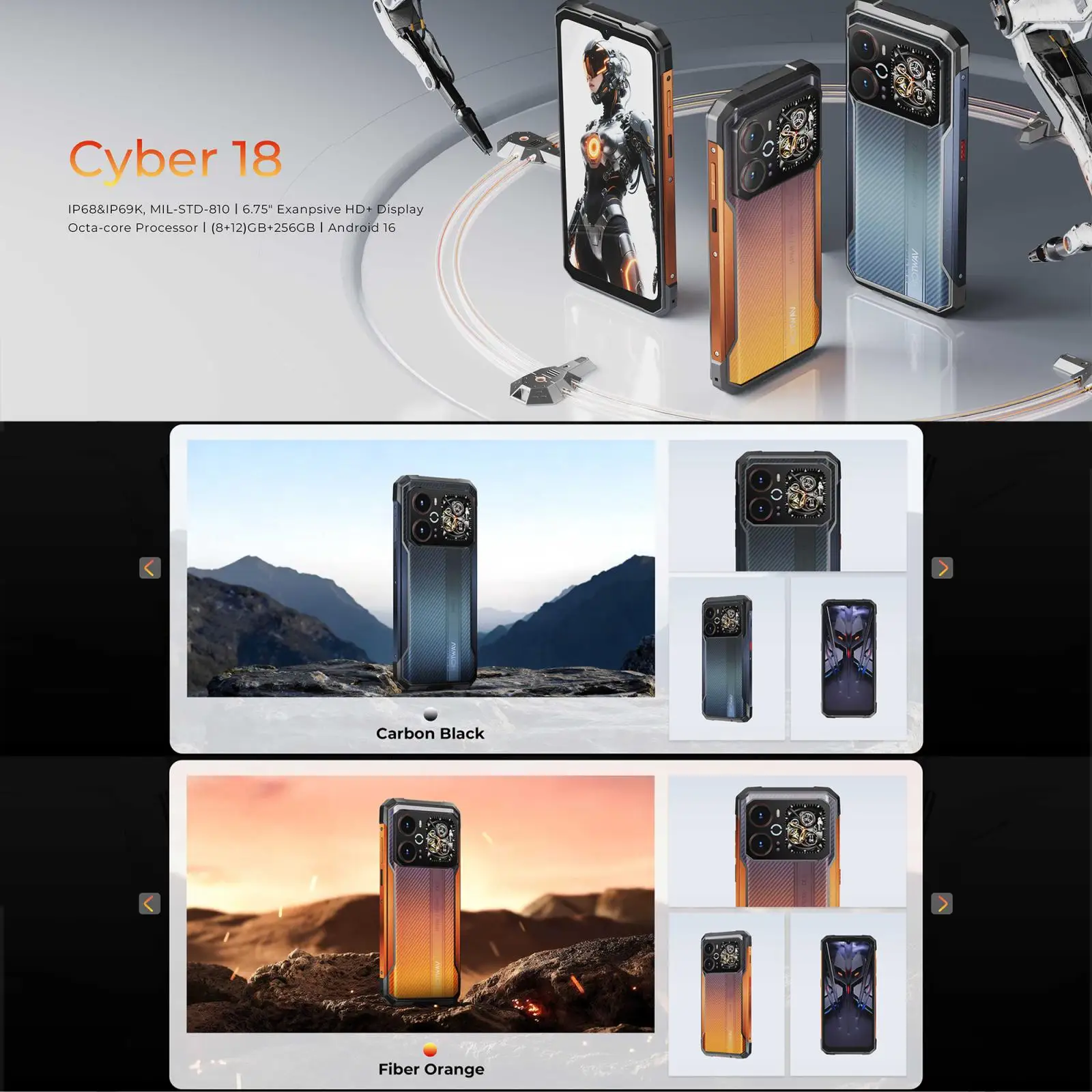 HOTWAV Cyber 18 Rugged Phone 8GB+256GB 6.75'' Android 16  Unisoc T7250 UMS9230E 6200mAh 64MP NFC 4G Smartphone