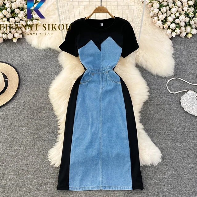 Denim Spliced Short Sleeve Dress Women O neck Fashion Patchwork High Waist Slim Long Dress Female Casual 2023 Summer Dress Dresses AliExpress