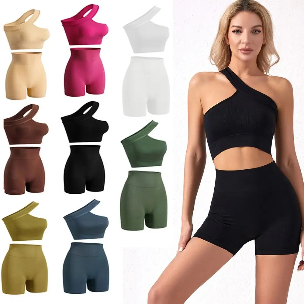 2Pcs Casual Seamless Women Workout Sets Ribbed One Shoulder Active Wear Tank Tops High Waist Sports Bra Youth