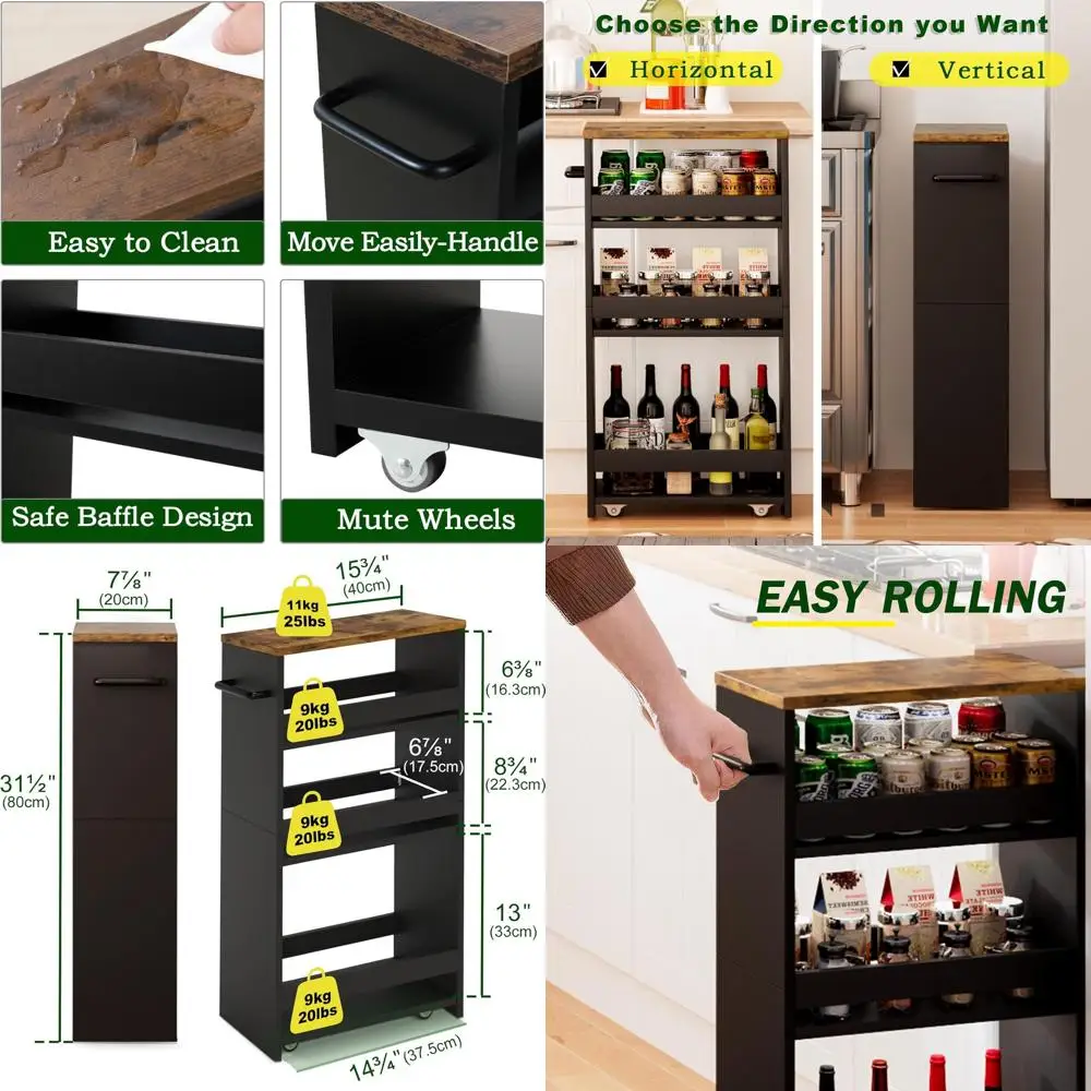 

4-Tier Rolling Utility Cart with Handle for Kitchen and Laundry Storage in Slim Spaces - Black & Brown, 7.875 W