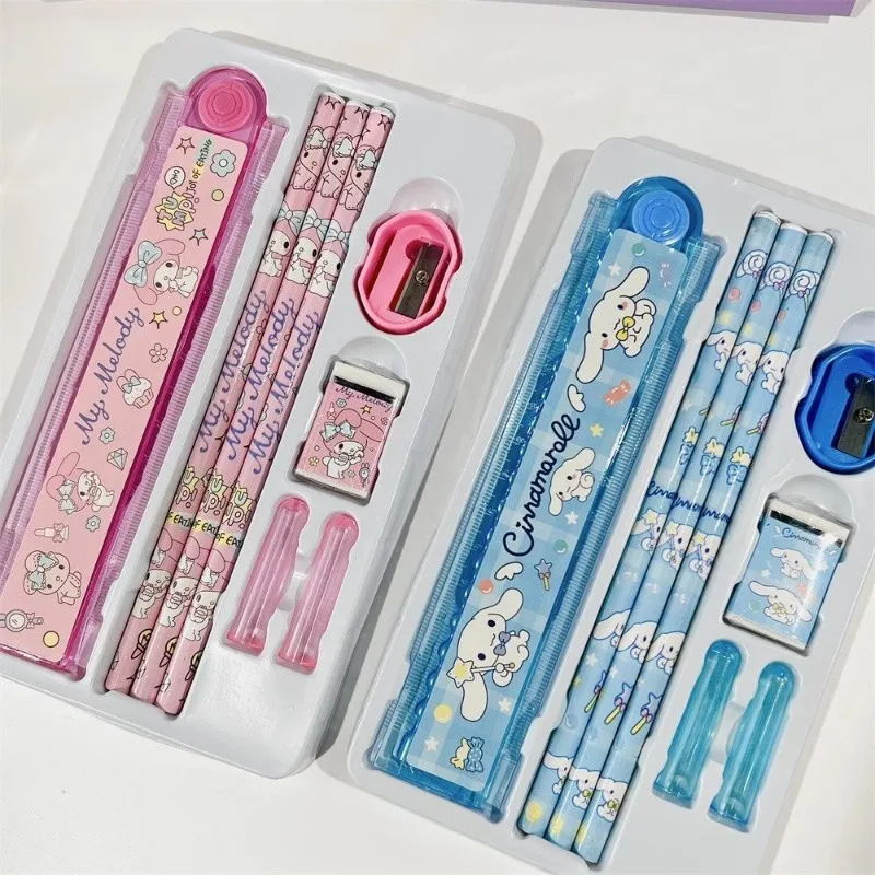 Sanrio Hello Kitty Stationery Set Cartoon Anime Cute Students Pencil Ruler Eraser Children School Supplies Set Holiday Gifts