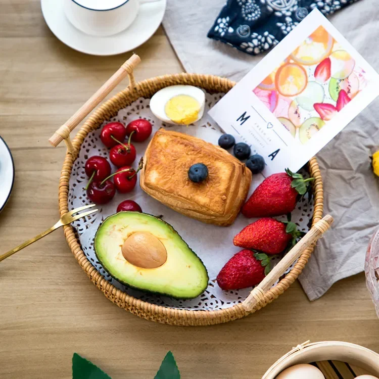 Handmade Rattan Storage Sort Out Basket Cake Dessert Tray Round Rectangular Fruit Basket Home Use Binaural Weave Snack Plate