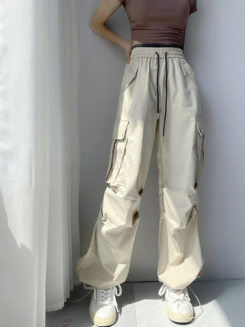 Pink Drawstring Wide Leg Workwear Pants Women's Summer Loose High Waist Pleated Straight Leg Slimming Cuffed Casual Trousers