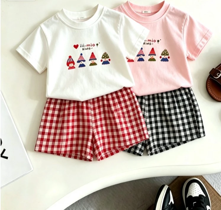 Kids Summer 2Piece Outfit Cute Baby Child Short Sleeve T-Shirt And Plaid Shorts Set Toddler Soft Cotton Casual Suit Children Set