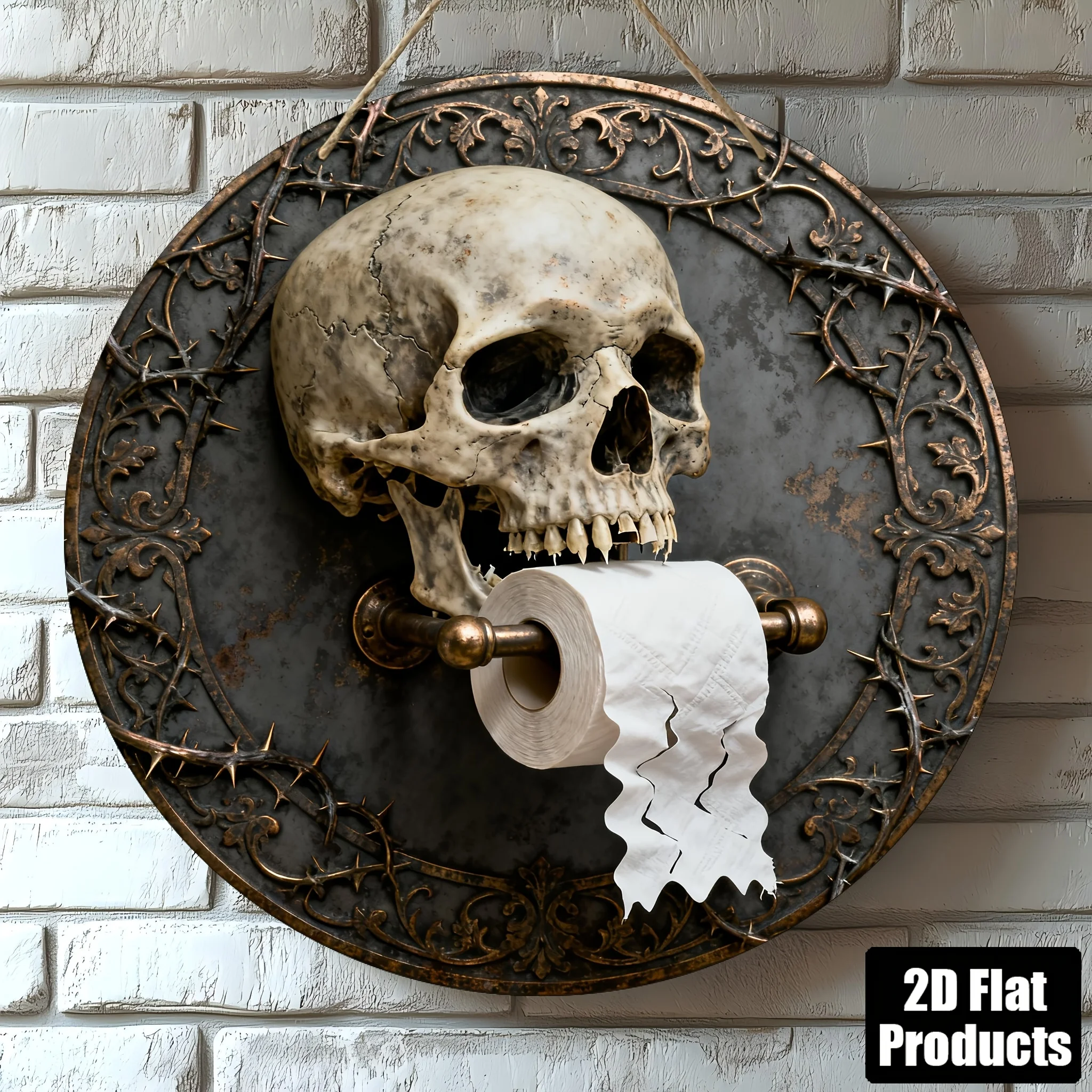 Skull Toilet Paper Holder - 8x8 Inch Gothic Wooden Board Wall Decor for Bathroom, Bar, Home