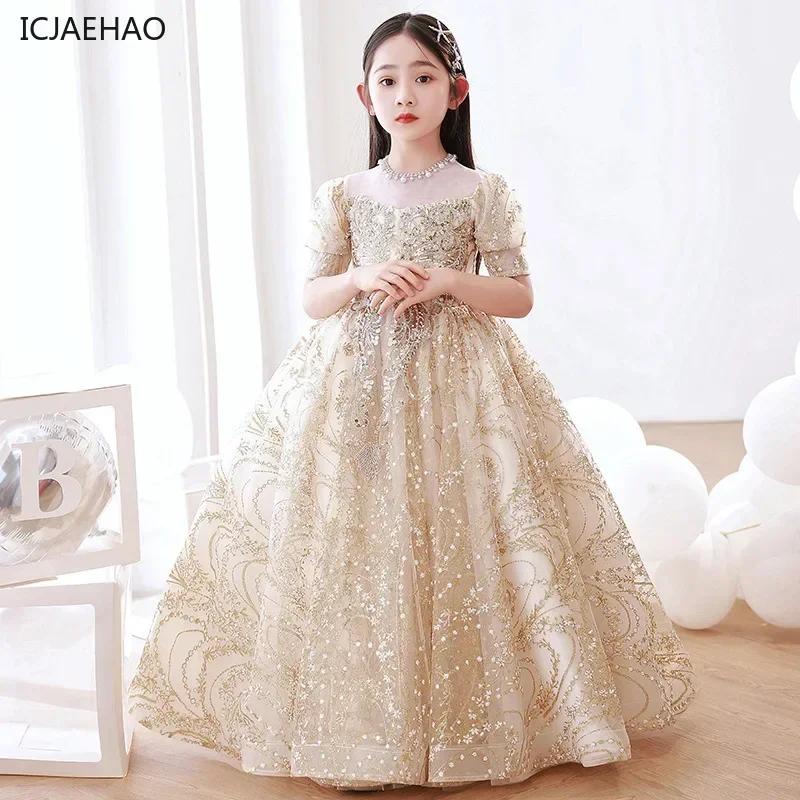 

2025 Luxurious party Dresses for Kid Girl Children Elegant Sequins Teenage Quinceanera Ceremony Clothes for Eid Costumes Vestido