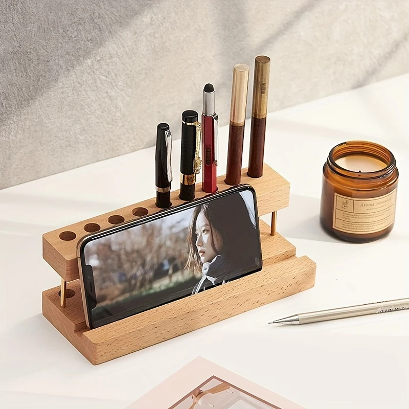 

1Pc 2024 Creative Walnut Wood Multifunction Desk Organizer Pen Holder Phone Stand Desktop Storage Organizer for Office School