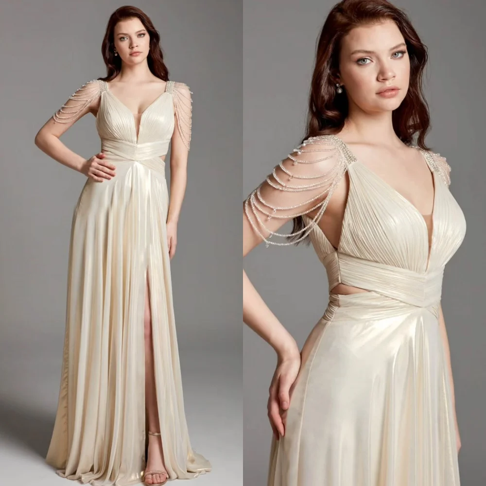 

Customized Sparkly Satin Evening Dresses Luxury V-Neck Homecoming Dresses Temperament Sweep Train Special Occasion Gowns