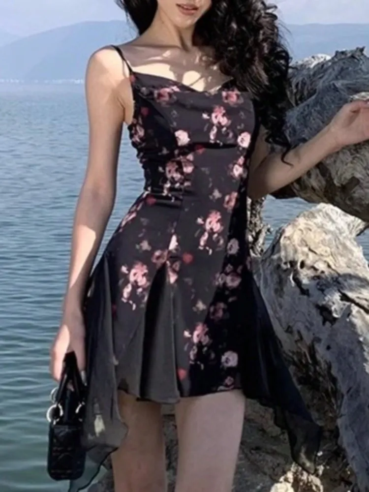 

2025 Women Sexy Rose Floral Print Black Dresses Elegant V-neck Strap Irregular Coquette Mini Short Dress Spring Summer Clothes