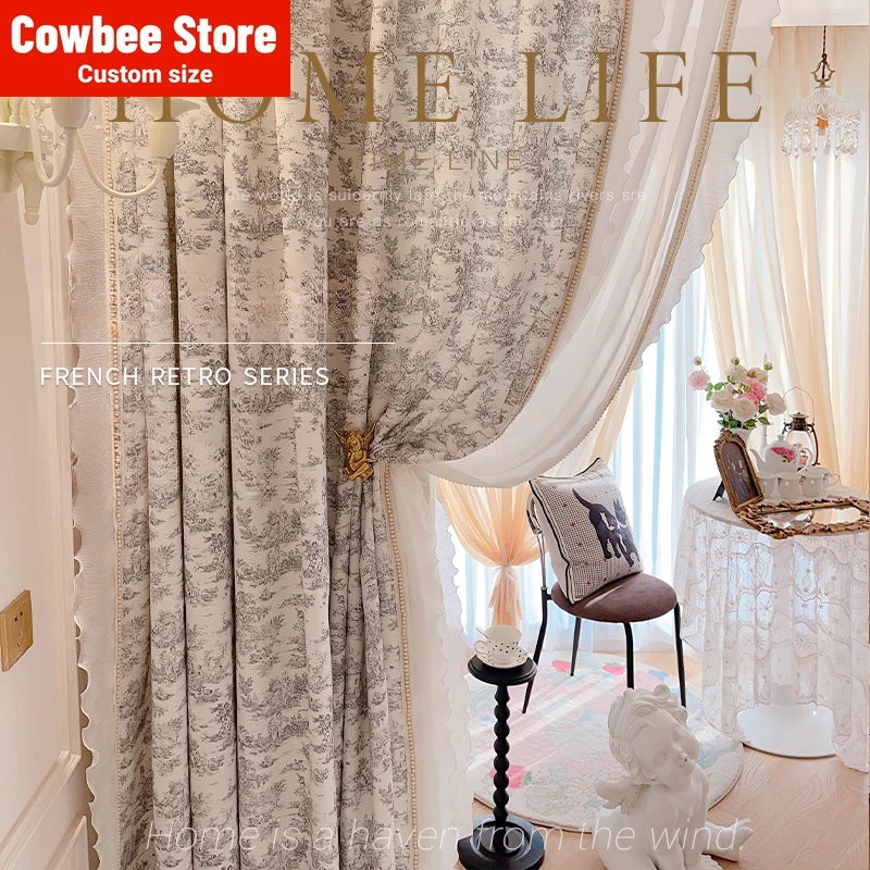 Custom Size French Printing Lace Pearl Court Retro Half Blackout Curtains for Living dining room bedroom  White Tulle Elegant