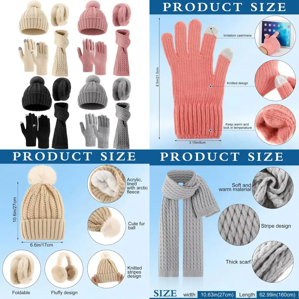 قبعة شتوية، وشاح، قفازات، مجموعة 4 في 1 لتدفئة الأذن للجنسين، ملحقات محبوكة بشاشة تعمل باللمس، مثالية للطقس البارد والخارجي