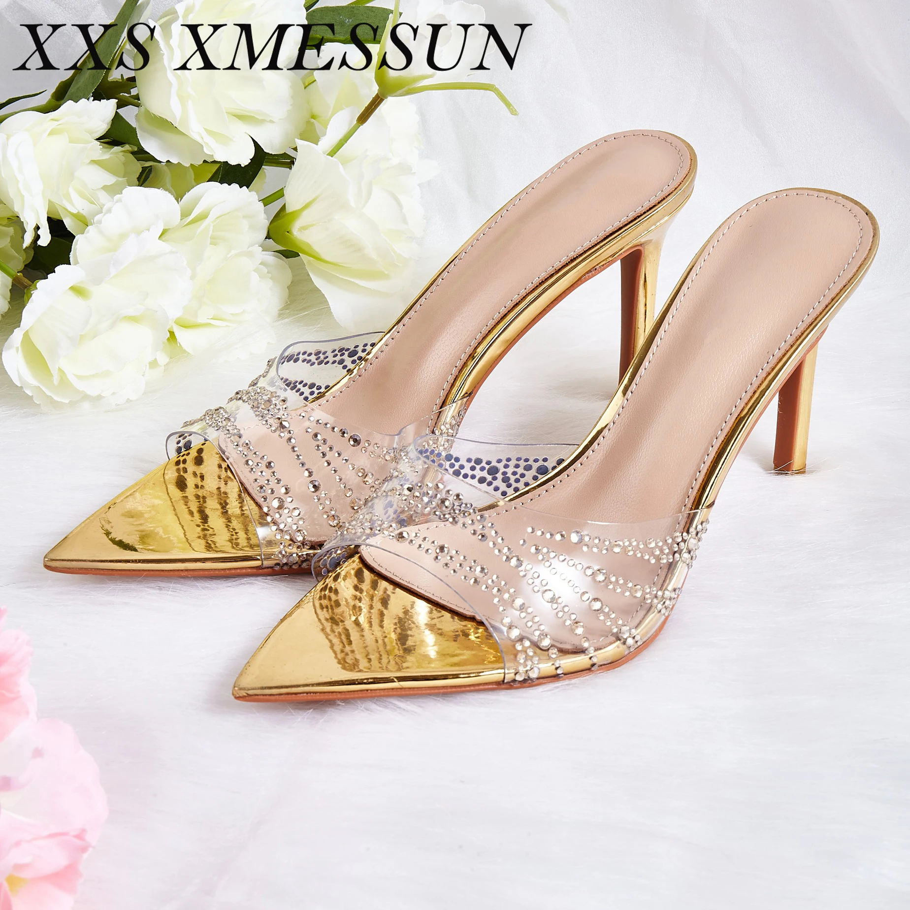 

XXS XMESSUN 2026 New Women's Clear Rhinestone Pointed Toe Stiletto Mules - Sparkly Silver Slip-On High Heels