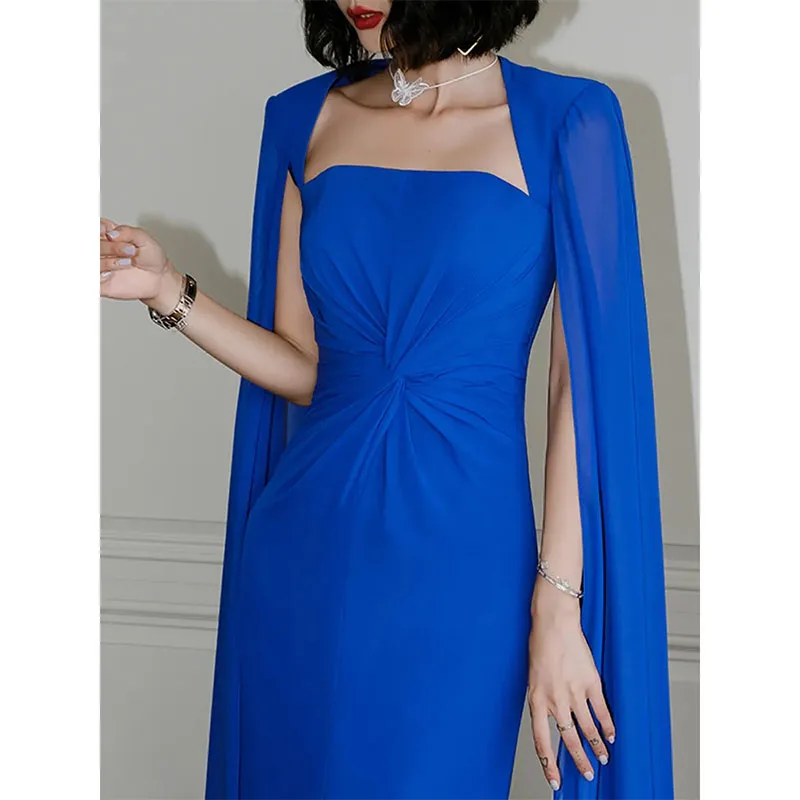 Blauwe Arabische Dubai Vrouwen Avond Formele Jurken Cap Mouwen Plooien Chiffon Prom Optocht Jurken Celebrity Style Robe De Soiree