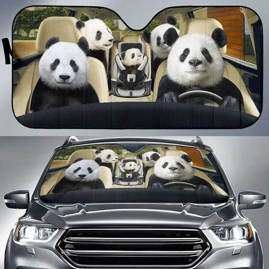 Funny Panda Family Left Hand Drive Car Sunshade for Panda Lovers, Family Panda Five Chinese Bears Driving Auto Sun Shade, Gift f