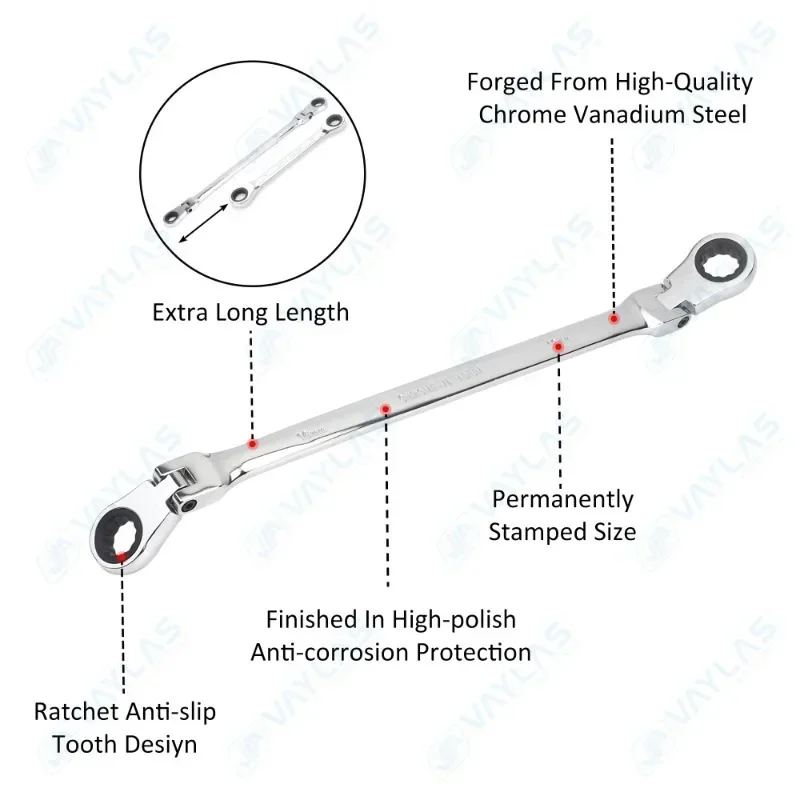 Extra Long Flex-Head Ratcheting Wrench Set 6-Piece Double Box End Wrench Set Metric 8-19 mm CR-V Steel with Storage Rack