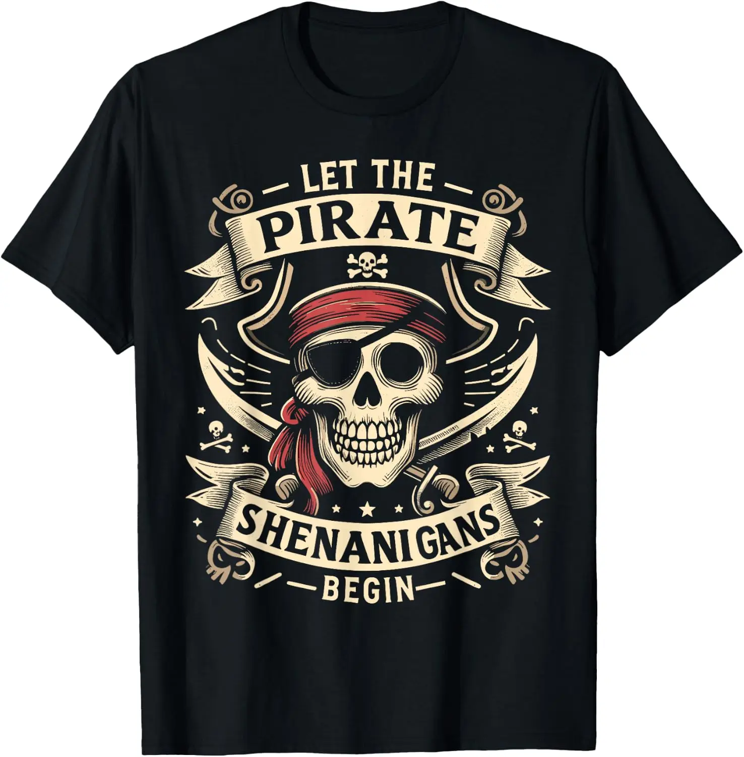 Halloween Skull Let The Pirate Shenanigans Begin T-Shirt Men Halloween Festival Printed Graphic Tee, Casual Crew Neck Short Sleeve Spooky Gothic T‑Shirt for Holiday Party and Halloween Gift for Men.