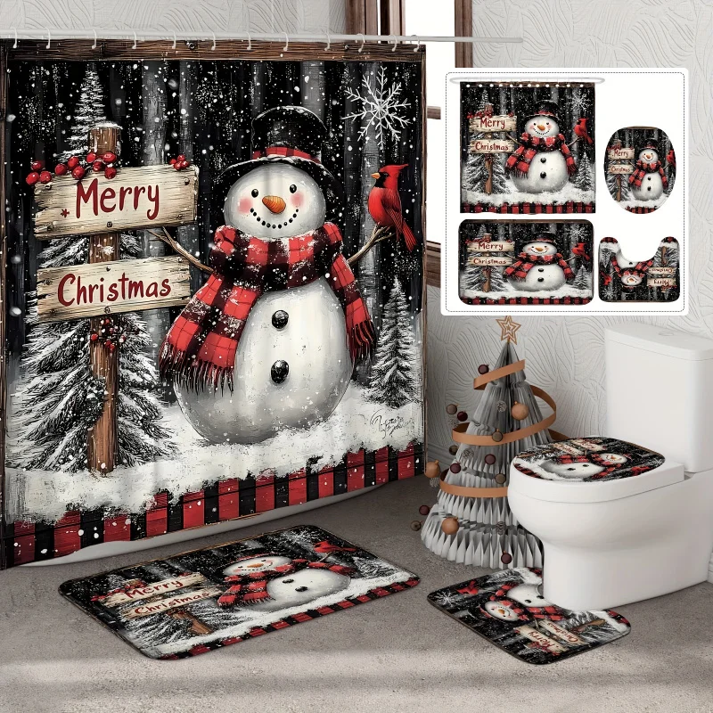 1/4PCs Merry Christmas winter shower curtain set: waterproof polyester snowman pine Cardinal design, washable, 12 hooks, non-SLI