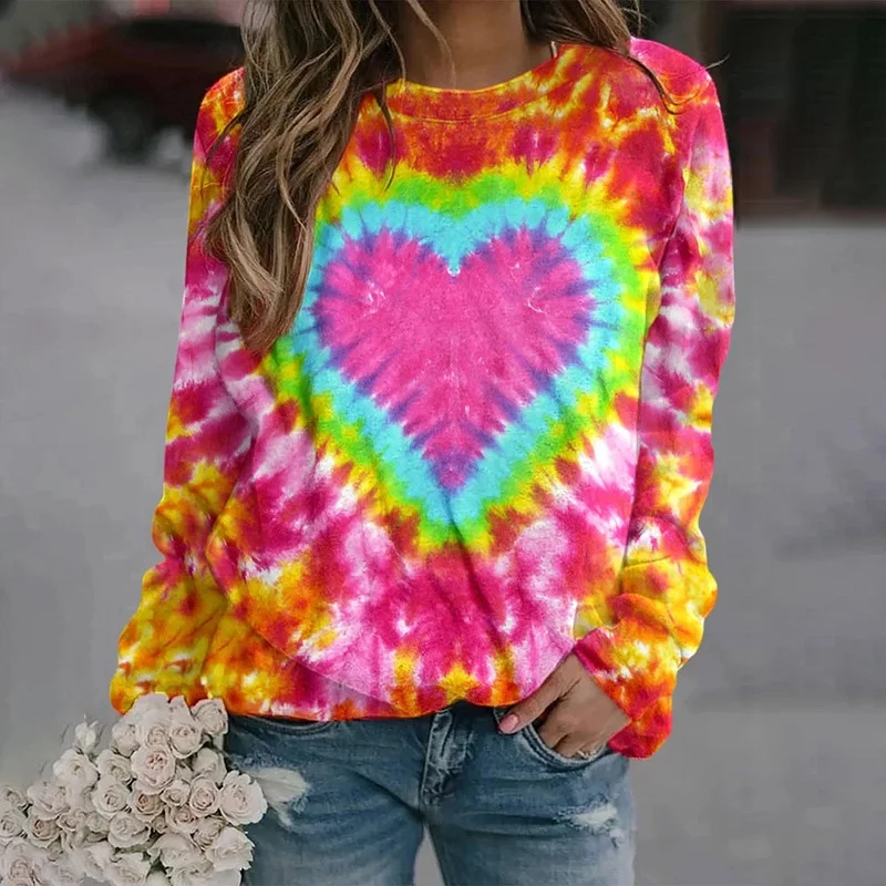 Colorful Hoodies Tie Dye Heart Long Sleeve Printed Crew Neck Pullover Autumn Loose Tees for Women Ladies Sweatshirt Blouse Mujer