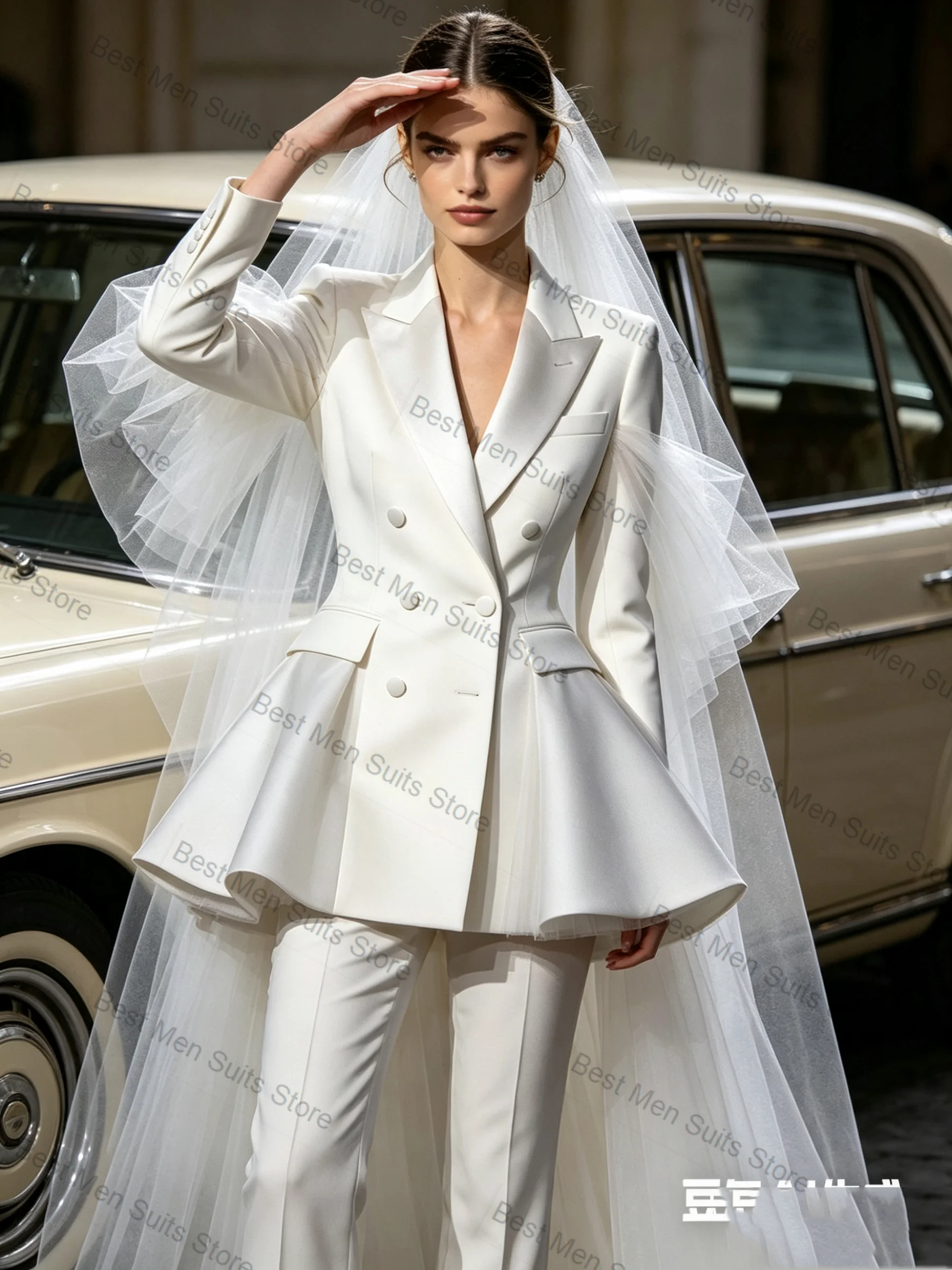 

White Women Suit Set 2 Pcs Blazer Pants Puffy Sleeves Formal Office Jacket Customized Wedding Tuxedo Guest Coat