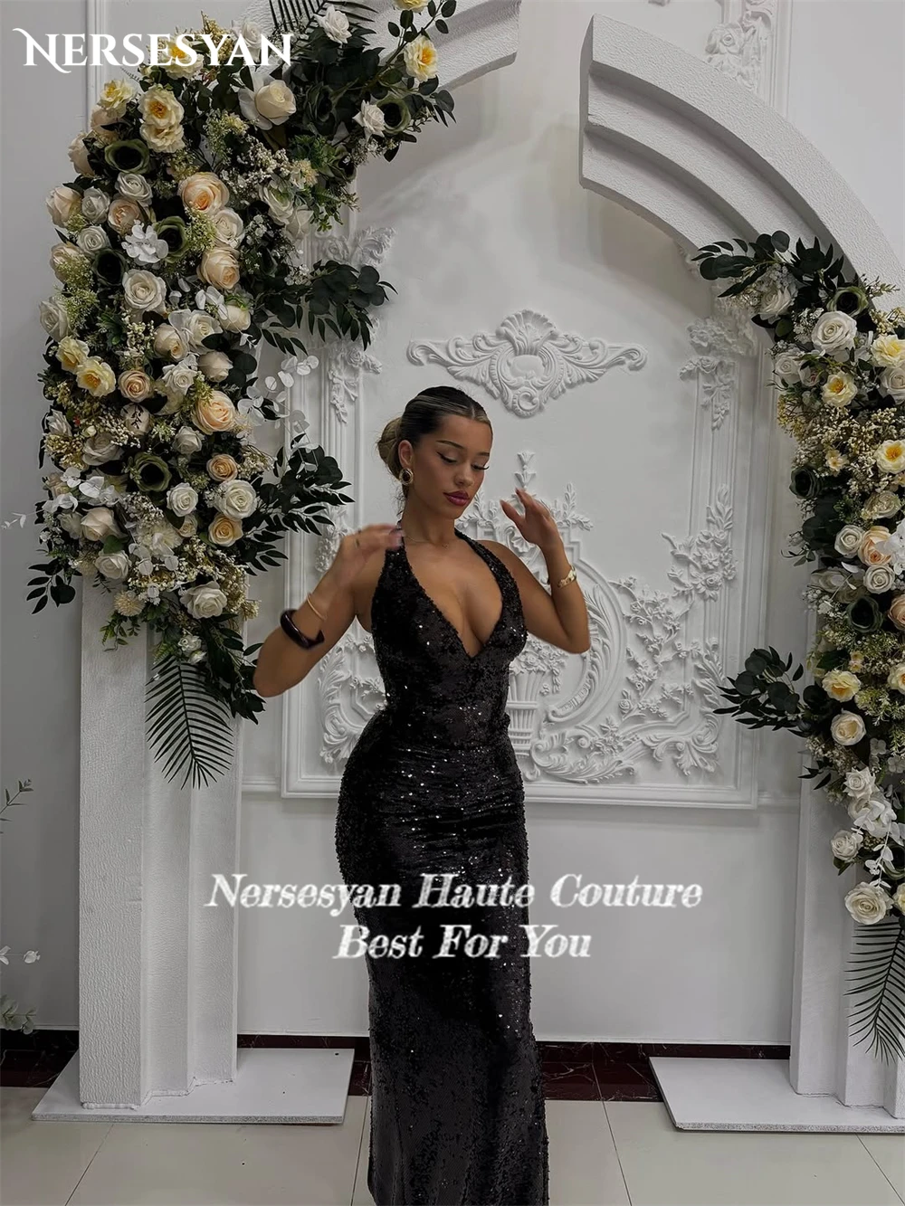 Nersesyan paillettes noir sirène robes de soirée licou paillettes épaules nues robe formelle dos nu Maxi robes de soirée personnalisé